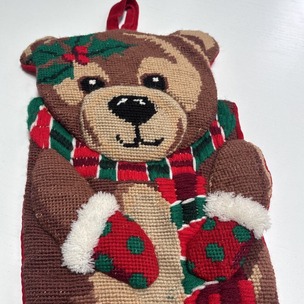 Vintage Teddy Bear Christmas Stocking Needlepoint Teddy With Holly Leaves 19"